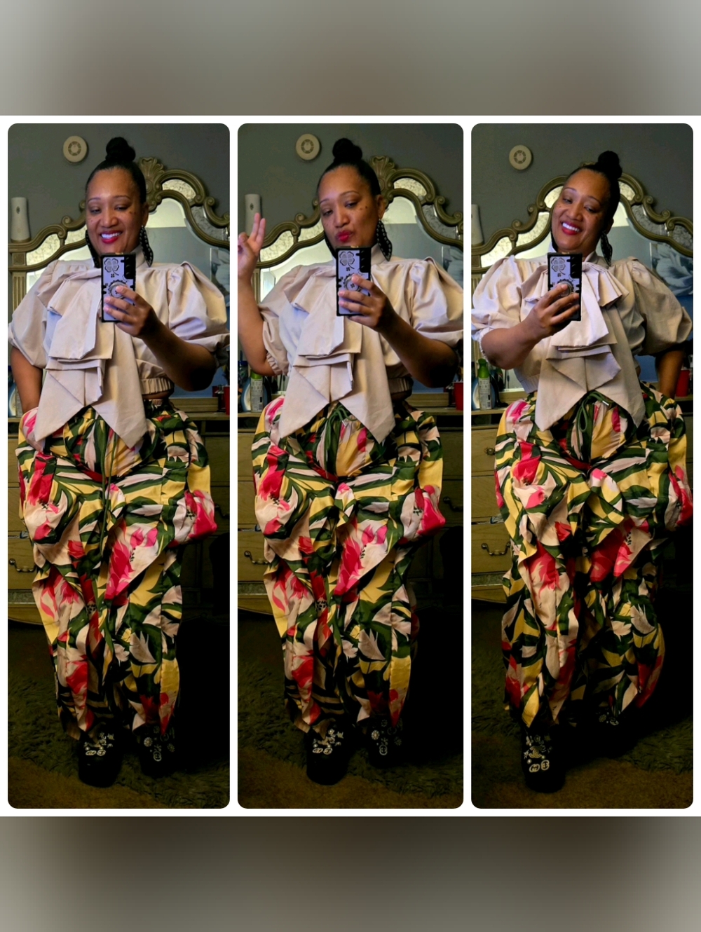 Floral Wide-Leg Pants with High Waist - Pink & Green